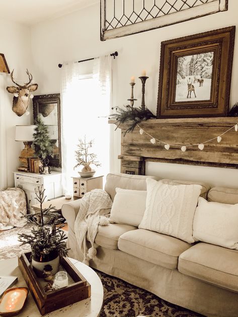 Tan Themed Living Room, Country Deer Living Room, Woodland House Decor, Winter Theme Living Room, Country Themed House, Woodland Living Room Decor, Deer Decor Living Room, Woodland Decor Living Room, Lounge 2023