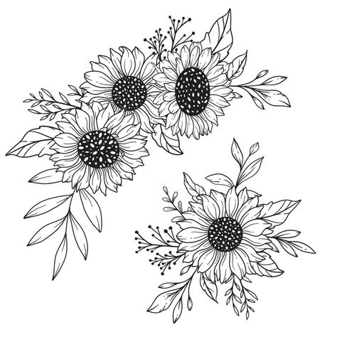 Fine Line Sunflower, Wheat Drawing, Moms Tattoo, Daisy Drawing, Daisy Tattoo, Sunflower Bouquets, Flower Sketches, Hand Drawn Illustration, Sketchbook Art