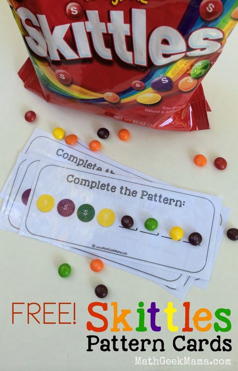 I love these simple and free Skittles Pattern Cards! This is a great way for kids to work on recognizing patterns! Creating Patterns, Pattern Cards, Math Patterns, Math Geek, Prek Math, Math Education, Kindergarten Readiness, Pre K Activities, Homeschool Encouragement