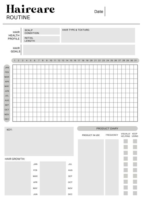 Haircare Routine Planner (B&W): Hair Health Profile, Hair Goals, Key, Product Dairy, Hair Growth Daily Planner Book, Free Planner Templates, Daily Routine Planner, Study Planner Printable, Itinerary Planner, Haircare Routine, Planner Minimalist, Routine Planner, School Planner