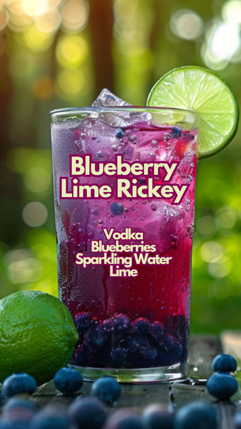 Blueberry Lime Rickey Blueberry Vodka Drinks, Blueberry Drink, Blueberry Drinks, Blueberry Cocktail, Bartender Drinks Recipes, Blueberry Vodka, Summer Vodka Cocktails, Lime Rickey, Fruity Cocktail