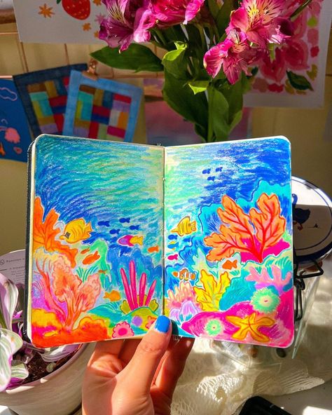 rachel yumi 유미 chung | i’ve been thinking of drawing a coral reef scene in my sketchbook for awhile now so this was a lot of fun to finally create! ✏️ the day i… | Instagram Oil Pastel Coral Reef, Art Drawings Watercolor Ideas, Drawing Coral Reef, Coral Art Drawing, Ocean Coral Drawing, Color Sketches Drawing, Corals Drawings, How To Draw Coral, Coral Reefs Drawing