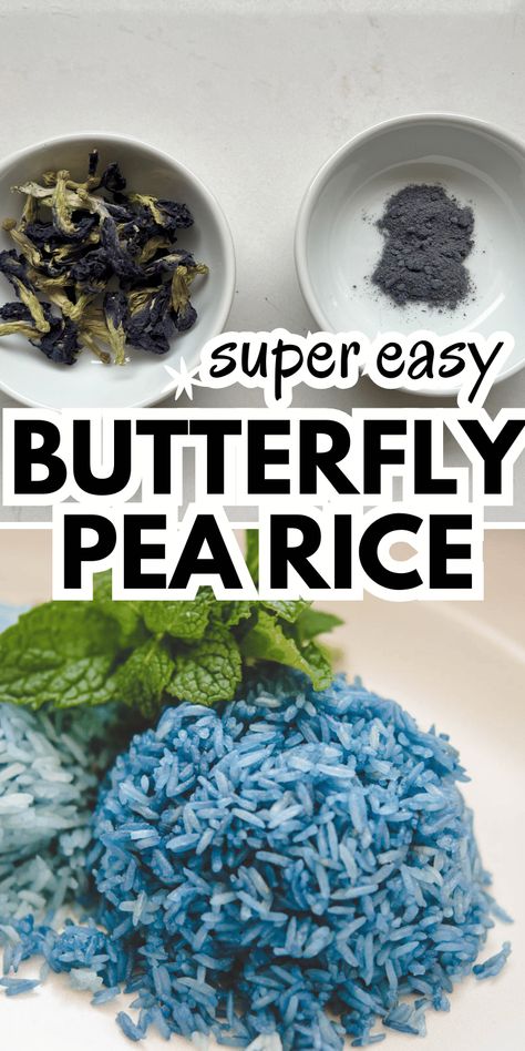 Whether you want to add a pop of color to your plate or just have butterfly pea flowers around, you can easily make this beautifully hued rice, traditional to Southeast Asian cuisines. You'll just need some dried butterfly pea flowers or powder. Butterfly Pea Powder, Dried Butterfly, Vegetarian Asian, Butterfly Pea Flowers, Sweet Sticky Rice, Butternut Squash Curry, How To Make Butterfly, Butterfly Pea Flower Tea, Vegan Lunch Recipes