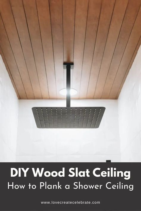 Wood Shower Ceiling Ideas, Wood Slat Bathroom Ceiling, Bathroom Wood Ceiling Ideas, Waterproof Paint Bathroom, Shower Wood Ceiling, Faux Wood Ceiling Panels, Wood Panel Bathroom Ceiling, Plank Ceiling Entryway, Wood Bathroom Ceiling Ideas