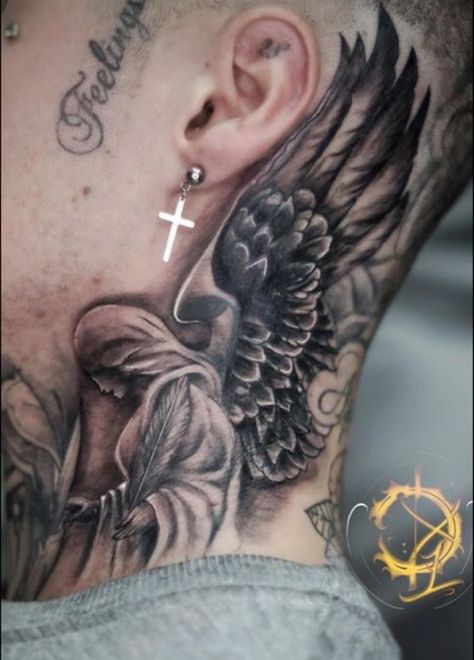 Red Cross Neck Tattoo, Angel Tattoo Men Neck, Angel Wing Tattoo For Men, Jesus Neck Tattoo, Neck Angel Tattoo, Angel Tattoo Behind Ear, Cross Neck Tattoo Men, Ester Tattoo, Men's Side Neck Tattoos