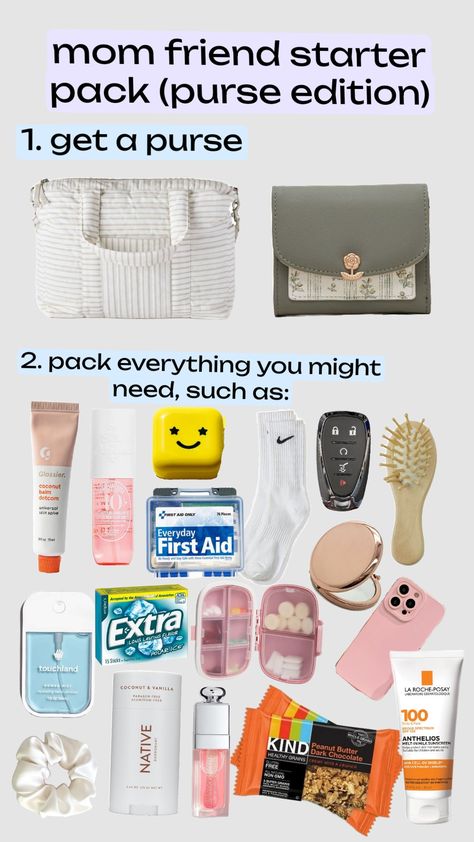 MomFriend™ starter kit #pure #purseessentials #essential #pack #purse #carride #friend #friendgroup #howto #diaperbag #cool #fyp #preppy #preppypurse #bag #mom #bestie #momfriend Mom Of The Friend Group Bag Essentials, Mom Friend Bag Essentials, Mom Purses, Goals 2024, Purse Essentials, Mom Friend, Trip Essentials, Preppy Room Decor, Balm Dotcom