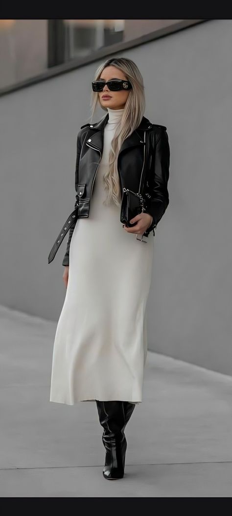 Trench And Dress Outfit, Colorado Outfits November, Modern Muse Outfit, Leather Jacket On Dress, Leather Dress Outfit Fall, Fall Fashion Looks 2024, White Dress Autumn Outfit, Winter In Dc Outfits, Upscale Dinner Outfit Classy