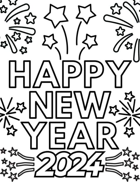 Happy New Year 2024 Coloring Pages, Happy New Year 2024 Drawing, Happy New Year Coloring Pages, Cool Crafts For Kids, 2024 Graphic, New Year Printables, New Years Ball, Colouring Pictures, Snowman Coloring Pages