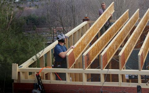 How to Frame an I-Joist Roof - Fine Homebuilding How To Build Trusses, I Joist Framing, Shed Roof Framing, Flat Roof Construction, Flat Roof Systems, Timber Frame Garage, Roof Joist, Flat Roof Design, House Awnings