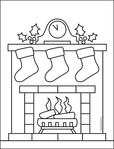 How To Draw A Fireplace Step By Step, Easy Fireplace Drawing, How To Draw A Chimney, Christmas Fireplace Drawing, Draw A Fireplace, Cute Easy Christmas Drawings, Christmas Drawings Easy, Holiday Drawings, Fireplace Drawing