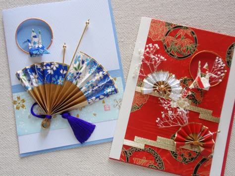 Washi paper cards - re-Pinned by HankoDesigns.Com Japanese Christmas, Asian Crafts, Origami Cards, Asian Cards, Japanese Tableware, Hand Made Greeting Cards, Making Greeting Cards, Washi Paper, Japanese Crafts