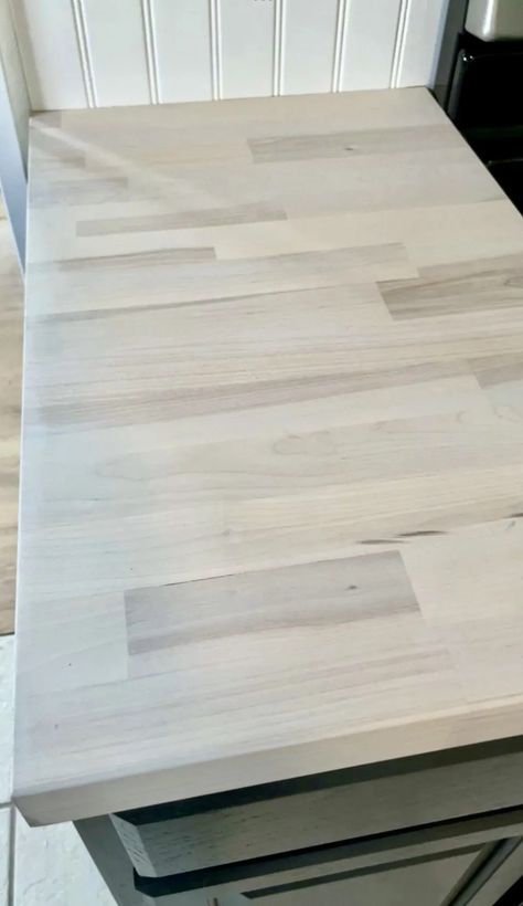 Butcher Block Island Decor, Grey Stain Butcher Block Countertops, Beech Butcher Block Countertops, Light Stain Butcher Block Countertops, Grey Wash Butcher Block Countertops, Whitewashed Butcher Block Countertops, Whitewashed Butcher Block, Butcher Block Bench Seat, Whitewash Countertop