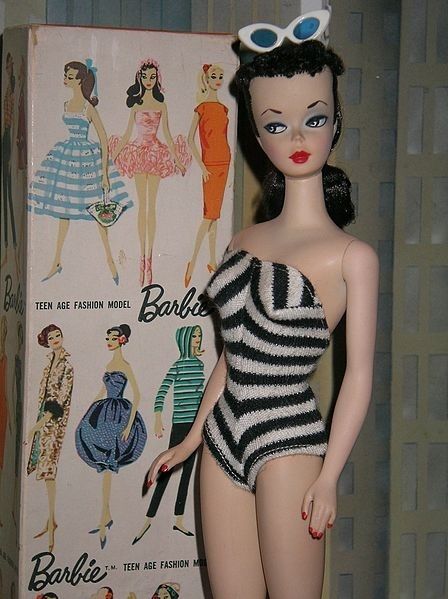 The first Barbie doll was available as either a blonde or a brunette. | 18 Surprising Things You Don't Know About Barbie Striped Bathing Suit, German Fashion, Popular Toys, Farrah Fawcett, Barbie Vintage, German Dolls, Bratz Doll, Vintage Barbie Dolls, Barbie Friends