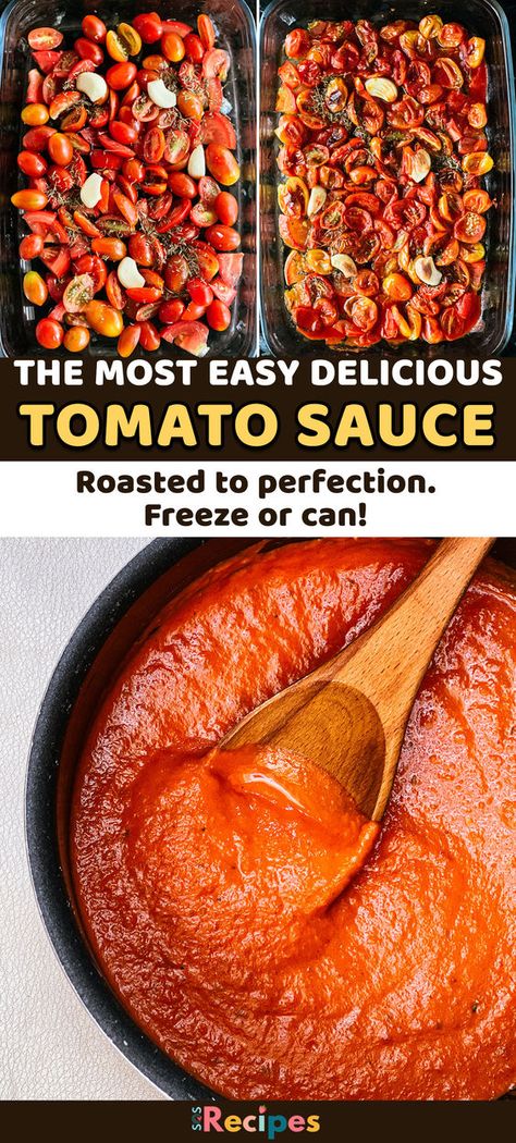 🍅 Elevate your pasta game with this rich and flavorful Oven-Roasted Tomato Sauce! 🌿🔥 Bursting with the vibrant taste of ripe tomatoes, roasted garlic, and fragrant herbs, this homemade sauce is a game-changer for any pasta dish. Simply toss fresh tomatoes with olive oil, garlic, and your favorite herbs, then let them roast to caramelized perfection in the oven. #TomatoSauce #Homemade #RoastedTomatoes #PastaPerfection 🍝 Spaghetti Sauce Roasted Tomatoes, Tomato Sauce From Fresh Tomatoes Roasted, Red Pasta Sauce Recipes Tomatoes, Large Batch Tomato Sauce, Baking Tomatoes For Sauce, Heirloom Tomato Sauce Recipes, Homemade Sauce With Roma Tomatoes, Roasted Tomato Pasta Sauce Canning, Pasta Sauce Recipes Tomato Fresh Roasted