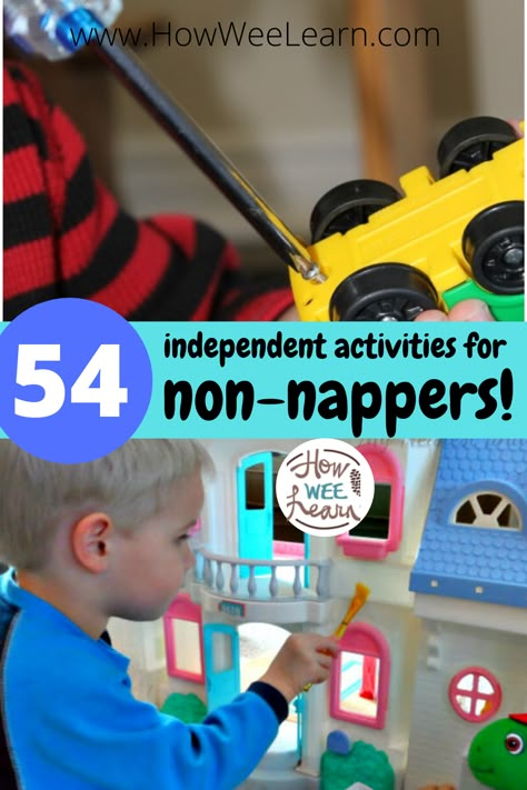 If you have a toddler or preschooler who has just given up naptime, you need these mess-free, independent quiet time activities! They are perfect for kids who no longer nap but still need a period of quiet and rest in the afternoon, and for Mom who definitely still needs a break! These preschooler activities build independence and creativity in kids and they are SO easy to set up. Quiet Time For Preschoolers, Prek Nap Time, Rest Time Busy Bags, Naptime Quiet Boxes, Nap Bags For Preschool, Quiet Naptime Activities, No Mess Preschool Activities, Afternoon Preschool Activities, Naptime Activities Preschool