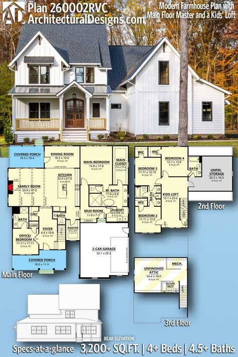 Modern Farmhouse Cottage House Plan 260002RVC gives you 3200 square feet of living space with 4 bedrooms and 4.5 baths House Plans With Attic Bedroom, Cabin House Layout, American Farmhouse Floor Plans, Cozy House Layout, Country House Floor Plans, 4 Bedroom House Floor Plan, Country Farmhouse Floor Plans, 4 Bedroom Home Floor Plans, House Plans Two Story