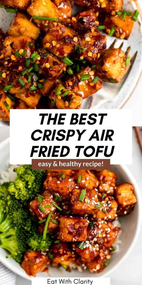 Tofu Dinners Healthy, Spicy Crispy Tofu Recipes, Tofu Airfryer Recipe, Tofu Air Fryer Recipes Easy, Air Fryer Crispy Tofu, Crispy Tofu Recipes Air Fryer, Airfryer Tofu Recipe, Air Fried Tofu Recipes, Air Fried Tofu Crispy