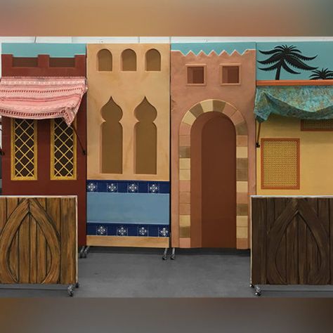 Aladdin Play, Aladdin Theater, Middle Eastern Design, Aladdin Musical, Aladdin Jr, Theatre Decorations, Aladdin Costume, Stage Props, Set Design Theatre