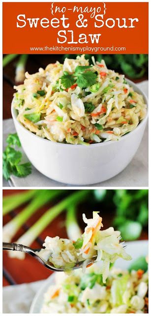 Sweet & Sour Slaw ~ a tangy, crunchy, & delicious no-mayo slaw. So good! #slaw #coleslaw #slawrecipes #nomayo #nomayoslaw  www.thekitchenismyplayground.com Sweet And Sour Slaw Recipe, Sweet And Sour Slaw, Vinegar Slaw Recipe, No Mayo Coleslaw, Sweet And Sour Cabbage, Apple Coleslaw, Sour Cabbage, Coleslaw Recipe Easy, Slaw Dressing