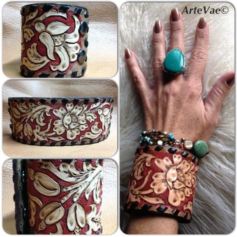 Hand tooled wide leather cuff bracelet made by ArteVae© Artisan Leather Cuff Bracelet Hand Tooled, Luxury Hand Tooled Leather Cuff Bracelet, Southwestern Hand Tooled Brown Cuff Bracelet, Vintage Hand Tooled Cuff Leather Bracelet, Hand-tooled Leather Cuff Bracelet, Turquoise Jewelry Western, Cowgirl Closet, Tooled Leather Earrings, Christmas Wardrobe