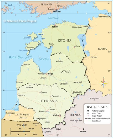 Map of the Baltic States showing the three Baltic countries and the location of major cities, main roads, and airports. Military Graphics, Cartography Map, Hand Lettering For Beginners, Baltic Countries, Baltic States, World Geography, Map Globe, Country Maps, Lithuania