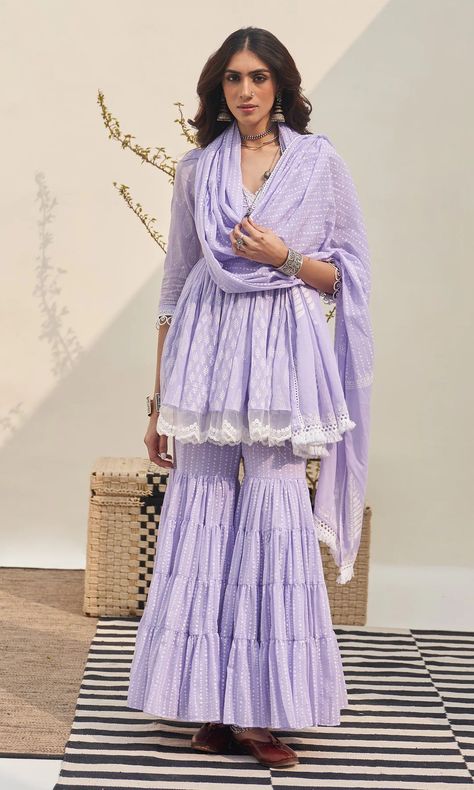 Purple Self-design Sharara, Lavender Fitted Sharara For Festivals, Bollywood Style Semi-stitched Lavender Sharara, Traditional Lavender Semi-stitched Sharara, Lilac Sharara, Long Kurti Patterns, Kurti Patterns, Short Kurti, Anarkali Suits