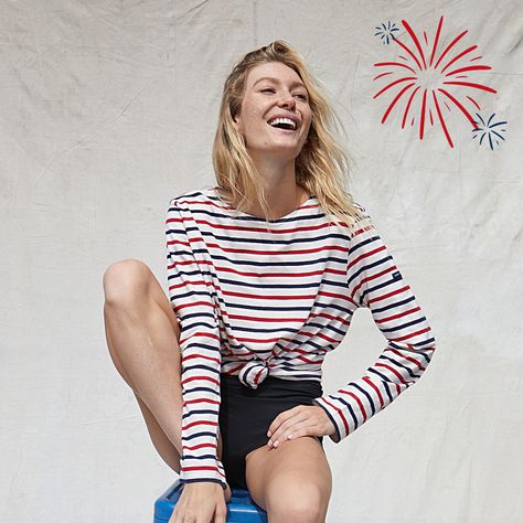 Warming up to Bastille Day over here! Do you have your tri-color striped shirt yet? #DiscoverSaintJames #saintjames #saintjamesusa #savoirfaire #fabricationfrancaise #navystyle #pullmarin #craftsmanship #sailing #sailorsweater #knitwear #sailorstyle #madeinfrance #heritagebrand #frenchfashion #frenchclothing #unisexfashion #frenchoutfit #frenchculture #bretonstripes #sailorstripes #rainbowshirt #mariniere #bastilleday Bastille Day Outfit, French Summer, Breton Stripes, Parisienne Chic, French Outfit, Sailor Stripes, Bastille Day, Sailor Fashion, Rainbow Shirt