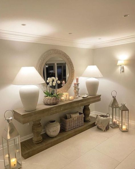 Lounge Room Styling, Living Room Mantel, Console Table Decorating, Home Hall Design, Hallway Designs, Vase Of Flowers, Cosy Living Room, Living Room Design Inspiration, Hall Decor