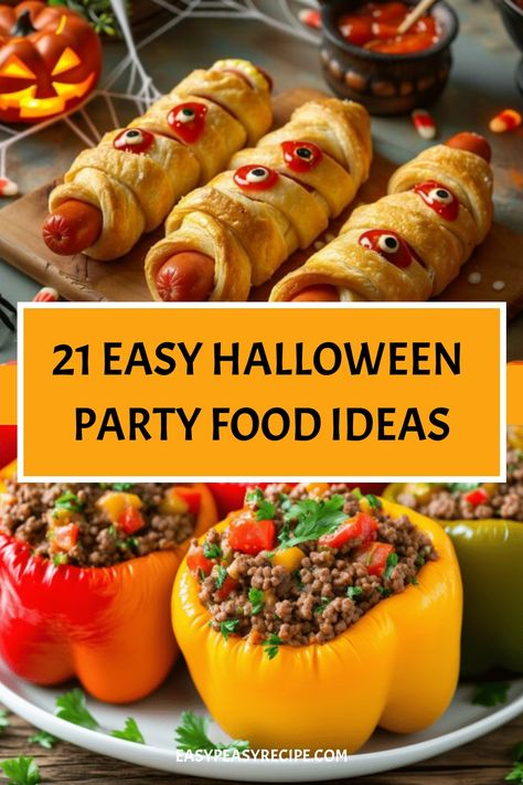 21 Halloween-themed party food ideas, featuring mummy hot dogs and stuffed bell peppers. Halloween Make Ahead Food, Spooky Pot Luck Ideas, Simple Halloween Finger Foods, Halloween Snacks For Party Savory, Easy Spooky Appetizers, Halloween Food Ideas For Dinner Sides, Teen Halloween Party Food, Easy Halloween Party Food Appetizers, Easy Halloween Themed Food