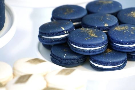 Navy french macarons w/ gold dust splatter | Black, Gold, & Navy ... Navy Blue Wedding Cakes, Wedding Cake Navy, Navy Gold Wedding, You Are My Moon, Blue Christmas Decor, Gold Wedding Theme, Navy Blue Wedding, Navy Wedding, Wedding Desserts