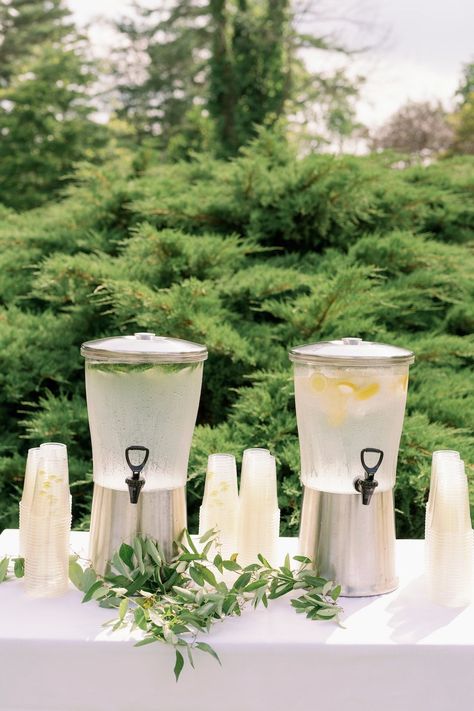 Ceremony Beverage Station, Water Station Wedding Ceremony, Rehearsal Dinner Drink Station, Wedding Ceremony Water Station, Ceremony Drinks Station, Outdoor Wedding Drinks, Drink Station At Wedding, Ceremony Refreshment Table, Ceremony Water Station