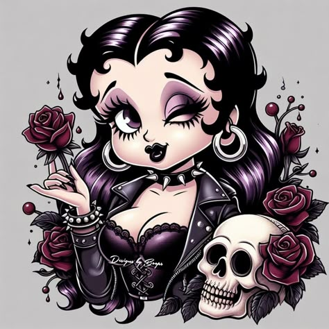 Goth Betty Boop, Shirt Art Ideas, Dark Betty, Betty Boop Nails, 80s Tattoo, Gothic Disney, Sugar Skull Art Drawing, Twisted Princesses, Trippy Pics