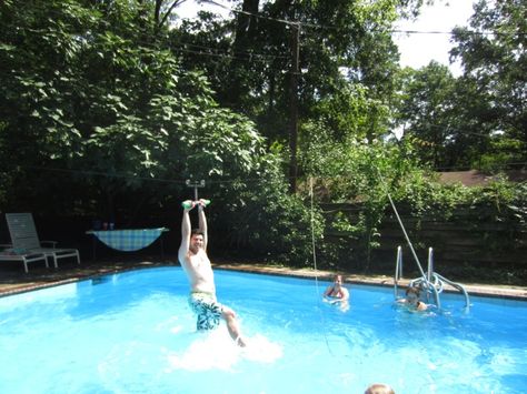 Zip line into pool. Jumping Platform For Pool, Zip Line Backyard, Swimming Pool Games, Geek House, Go Kart Tracks, Tree Fort, Pond Ideas, Zip Line, Pool Games