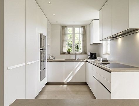 Minimalist White Decor U Shaped Kitchen Modern U Shaped Kitchens, Small U Shaped Kitchens, Small U Shaped Kitchen, L Shaped Kitchen Designs, U Shaped Kitchen, Kitchen Designs Layout, Design Del Prodotto, Farmhouse Style Kitchen, Modern Farmhouse Kitchens