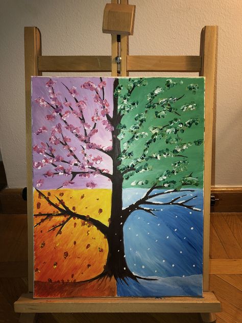 Spring Summer Autumn Winter Drawing, Summer And Winter Drawing, Winter Spring Summer Fall Art, Seasonal Canvas Painting Ideas, Summer Season Drawing Ideas, Spring Summer Autumn Winter Art, Autumn Canvas Painting Ideas, Easy Spring Painting Ideas On Canvas, Spring Drawing Easy