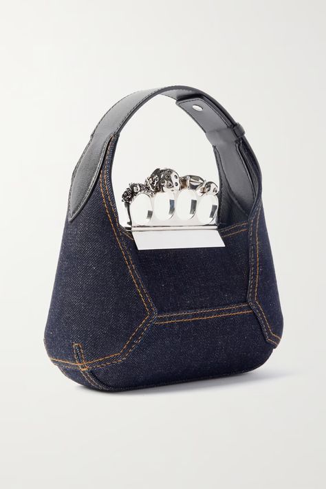 ALEXANDER MCQUEEN Jewelled embellished leather-trimmed denim tote | NET-A-PORTER Alexander Mcqueen Bag, Knuckle Duster, Bag Dark, Indigo Denim, Embellished Denim, Denim Tote, Tech Fashion, Denim Bag, Hobo Bag