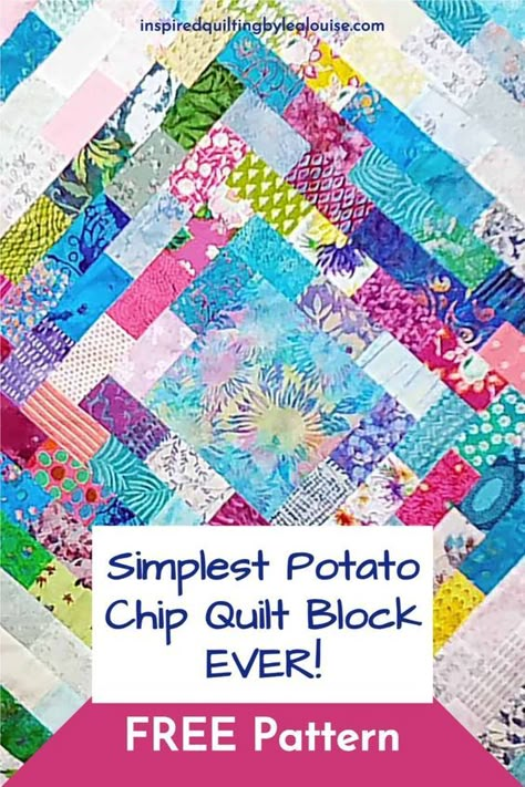 FREE Downloadable Pattern This potato chip quilt block is all about scraps and making colorful blocks that create an amazing quilt. But it gets even better! You can use a single block and finish it as a great gift. Or you can make a gazillion of them for a huge quilt! And my favorite is to make one ginormous block for a fantastic quilt just for yourself! You choose which you want to make first. But get plenty of scraps! This scrap buster may empty a bin or two! Quilts Made From Charm Squares, Potato Chip Block Pattern, Strip Piecing Quilt Block Patterns, Potato Chip Quilt Blocks, Potato Chip Block Quilt, Easy Scrap Quilt Patterns Free, Potato Chip Quilt Block, Free Scrappy Quilt Patterns, Charity Quilts Patterns Free