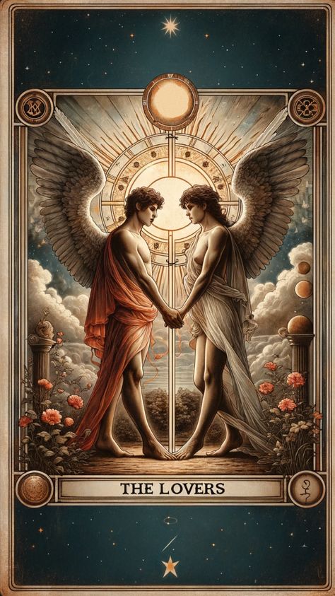 Explore the rich symbolism of the Lovers tarot card, representing deep affection, harmony, and choices in relationships. This card reflects the strength of love and the importance of decision-making in personal connections. Ideal for those seeking insights into their relationships and emotional bonds. The Lovers Card Wallpaper, Lovers Card, Lovers Tarot Wallpaper, The Lover Tarot, Tarot Cards Aesthetic The Lovers, The Lovers Aesthetic Tarot, Lover Tarot Cards, Lovers Card Tarot, Lovers Tarot Card