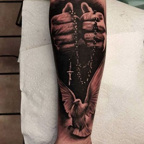 Tattoo uploaded by Ross Howerton • A pair of praying hands with a rosary above a white dove by Nathan Hebert (IG—nathanhebert). #blackandgrey #Christian #dove #NathanHebert #prayer #realism #rosary • 278672 • Tattoodo Rosary Tattoo Ideas, Rosary Ankle Tattoos, Arm Sleeve Tattoo For Men, Sleeve Tattoo For Men, Rosary Bead Tattoo, Tattoo Calf, Arm Sleeve Tattoo, Praying Hands Tattoo, Best Neck Tattoos