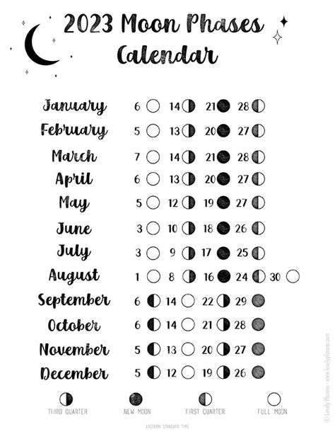 This free printable 2023 Moon Phases Calendar / 2023 Lunar Calendar helps you track 4 types of moon phases: First quarter, third quarter, new moon, and full moon. #freeprintable #printable #calendar #Mooncalendar #lawofattraction #LOA #manifestation #lovelyplanner New Moon And Full Moon, Moon Phases Calendar, Happy Planner Punch, The Moon Phases, Moon Phase Calendar, Moon Journal, Moon Calendar, Wiccan Spell Book, Calendar 2023