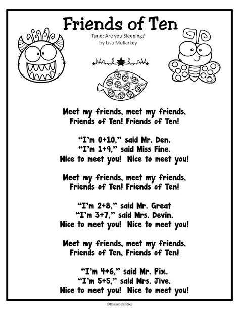 TEN is such an important benchmark number! I love teaching Friends of Ten / Combinations of 10 because it really is a necessary skill to master that leads to soooo many other skills. This year, my colleague and I really made sure our kids knew the combinations inside and out. We reviewed it way more than usual and of course that helped solidify mastery. Grab the freebie poem on my blog. First Grade Songs, Combinations Of 10, Guided Math Stations, Math Poems, Friends Of Ten, Classroom First Grade, Writing Elementary, About Mathematics, First Grade Freebies