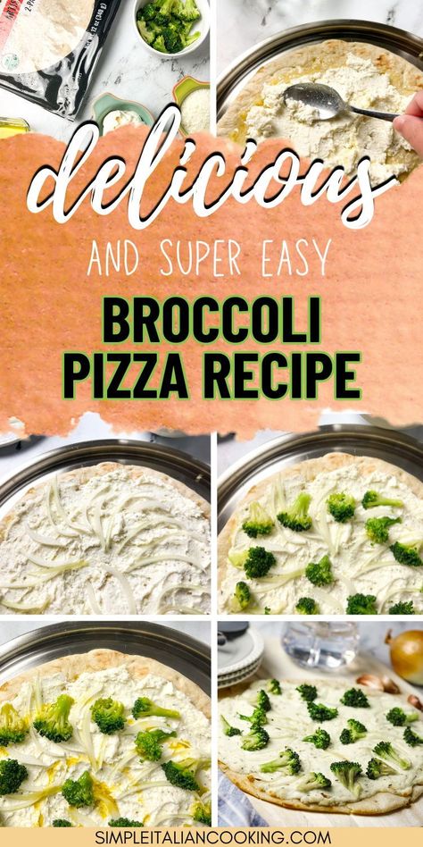 This delicious pizza with broccoli topping is considered a white pizza because it does not use a red tomato sauce. Instead we use a ricotta mixture that is loaded with Italian flavors. Use a storebought pizza crust or make your own. This broccoli pizza is perfect for a lunch or light dinner. Enjoy the recipe any day of the week! White Broccoli Pizza, Pizza With Broccoli, Broccoli Crust, Quick Italian Recipes, Italian Finger Foods, Sauce For Broccoli, Italian Appetizers Easy, Italian Cooking Recipes, Broccoli Pizza