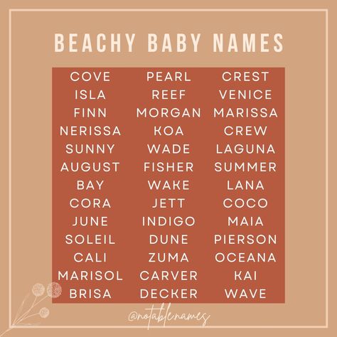 It has been hot hot hot lately which has got me thinking about beachy baby names. These names are all inpsired by the beach and give off that cool and carefree vibe, perfect for your little beach babe. Whether you want a meaningful middle to honour your love of the water and sand, or want a standout name, there's a little something for everyone on this list! #names #girlnames #boynames #babynames #babyboynames #babynameideas #babynameinspo #babygirlnames #babynamesuggestions Water Baby Names, Coastal Baby Names, Beachy Baby Names, Beachy Names, Hawaiian Baby Names, Beach Names, Fun Names, Ocean Names, Water Names