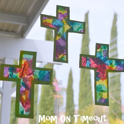 Stained Glass Cross Craft - Mom On Timeout Easter Fun Food, Stained Glass Cross, Easter Preschool, Glass Cross, Christian Crafts, Cross Crafts, Origami 3d, Church Crafts, Easter Cross