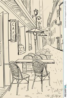 Coloring page & line art Town Drawing, Paris Drawing, Perspective Sketch, Street Cafe, Perspective Drawing Lessons, Architecture Sketchbook, Perspective Art, Architecture Drawing Art, Wall Drawing