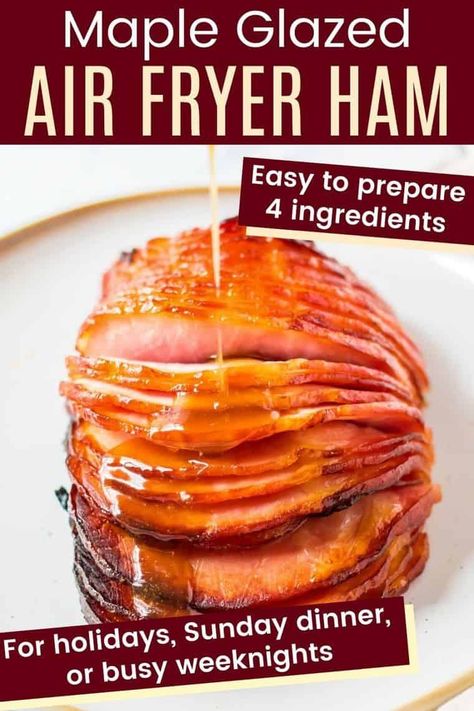 Air Fryer Boneless Ham - coated with a thick, mouthwatering maple syrup and Dijon mustard glaze for a sweet and tangy flavor that tastes incredible with salty, smoky ham. So quick to prepare and easy to make, this glazed ham recipe will simplify your holiday meal. But it's fast enough to enjoy even on a weeknight. Mustard Ham Glaze, Boneless Ham Recipe, Maple Glazed Ham Recipes, Recipes With Cooked Ham, Air Fryer Ham, Easy Ham Glaze, Boneless Ham, Baked Ham With Pineapple, Maple Glazed Ham