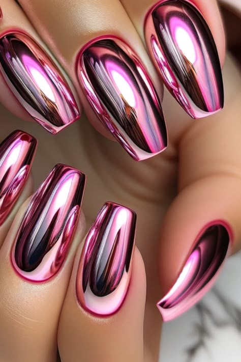 Valentines Day Nails Red Chrome, Pink Crome Valentines Nails, Chrome Valentines Nails Designs, Valentine Nails Chrome, Valentines Day Chrome Nails, Valentine’s Day Chrome Nails, All Chrome Nails, Hot Pink Metallic Nails, Fuschia Chrome Nails