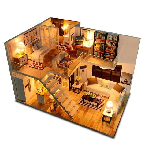 Loft Layout, Wooden Dollhouse Kits, Wooden Dolls House Furniture, Small Loft, Apartment Floor Plans, Interior Minimalista, Apartment Architecture, Apartment Layout, Dollhouse Kits