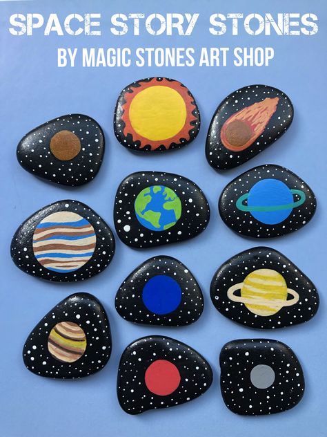 Help your kids learn about our Solar System and Planets with this Montessori inspired story stones play set - Outer Space. Children will have fun putting the planets in order and learning the names. Each planet has its name on the back of the stone. Perfect for homeschool, as a busy binder activity, or file folder game. A great addition to preschool or kindergarten curriculum, or as a fun review for older kids. Let your children enjoy imaginative play and provide them with sensory stimulation. Planets Activities, Educational Toys For Preschoolers, Space For Kids, Solar System Crafts, Space Story, Story Stones, Montessori Educational Toys, Art Pierre, Stones Art