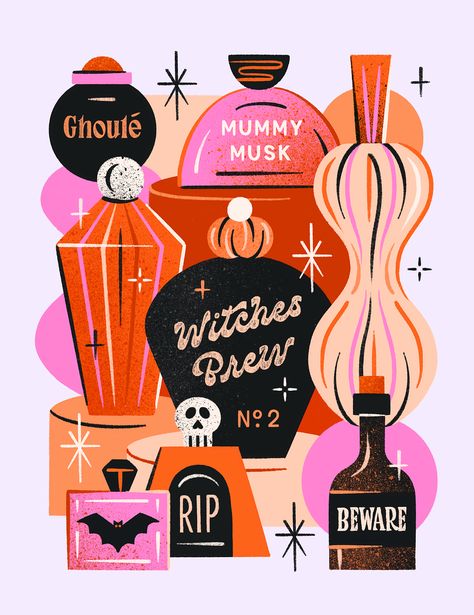 Potions + Perfumes by Christina Kwiek on Dribbble Kitchy Halloween, Mcm Halloween, Potion Illustration, Halloween Packaging, Spooky Illustration, Halloween Lettering, Bold Illustration, Halloween Potion, Colorful Halloween